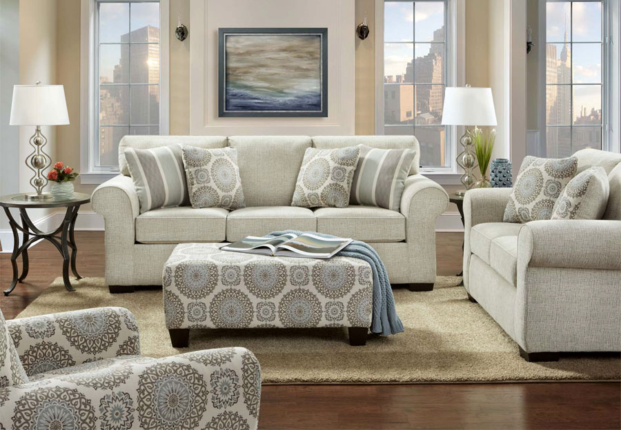 Affordable Furniture Charisma Linen Queen Sleeper Sofa and Loveseat with Brionne Twilight Accent Pillows