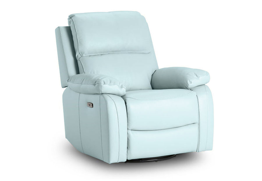 Kuka Carter Light Blue Dual Power Leather Match Recliner with Swivel Glider