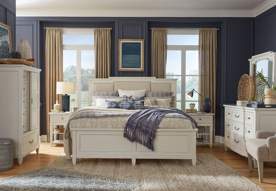 Magnussen Willowbrook White Queen Upholstered Bed, Dresser, and Mirror