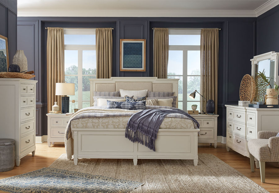 Magnussen Willowbrook White King Upholstered Bed, Dresser, and Mirror