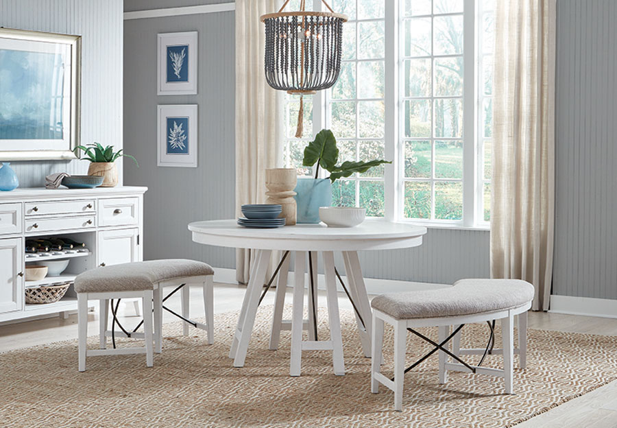 Magnussen Heron Cove White Round Table and Two Curved Benches