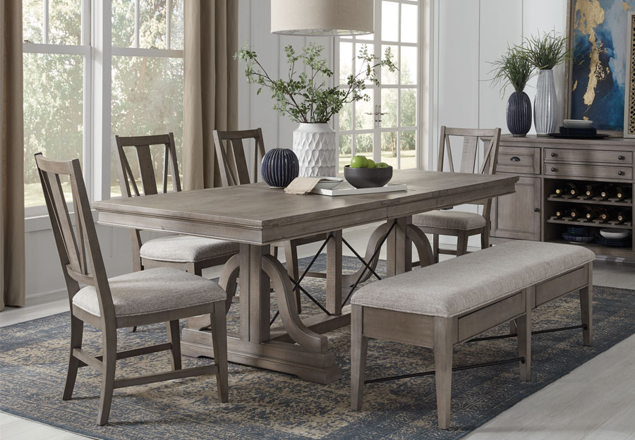 Magnussen Paxton Place Pewter Dining Table with Two Side Chairs and Bench