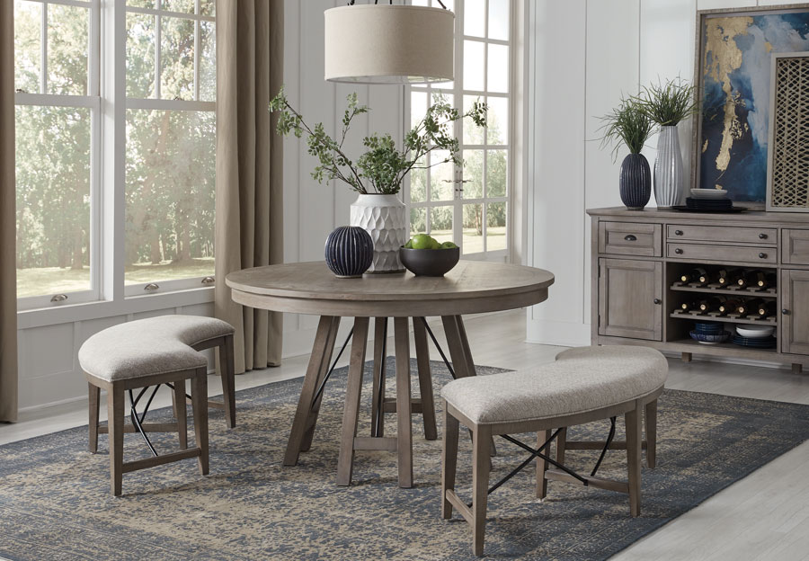Magnussen Paxton Place Pewter Round Dining Table with Two Curved Benches