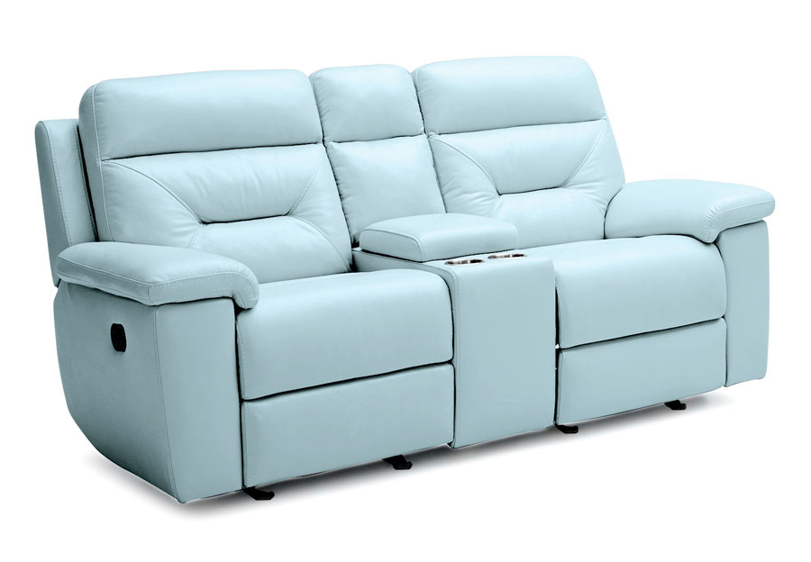 Kuka Grand Point Pastel Blue Leather Match Dual Power Reclining Console Loveseat