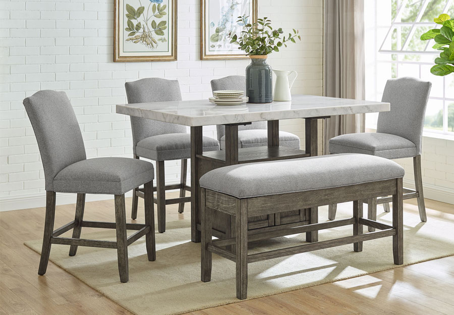 Steve Silver Grayson White Marble Counter Table with Four Counter Chairs