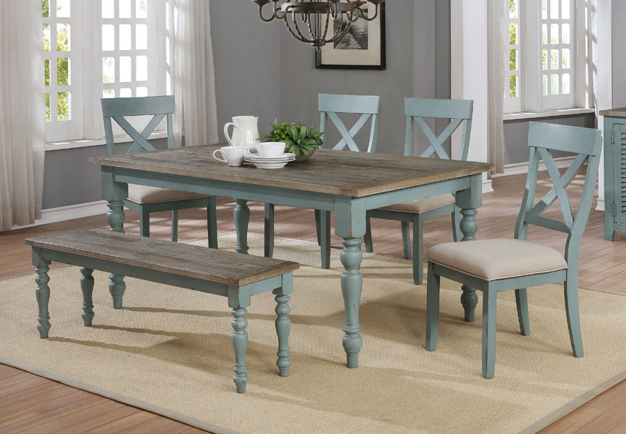 Lifestyle Harbor Bay Blue Rectangle Dining Table with Two X-Back Side Chairs and a Bench