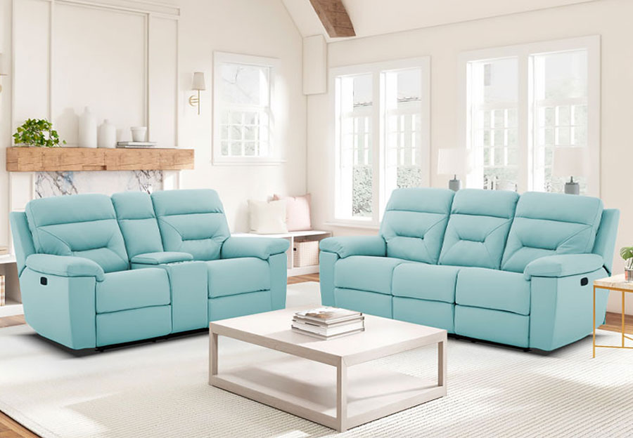 Kuka Grand Point Pastel Blue Leather Match Dual Power Reclining Sofa and Reclining Console Loveseat