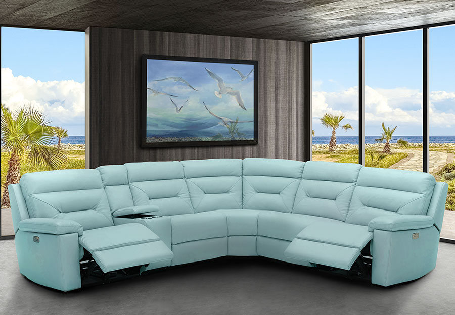 Kuka Grand Point Pastel Blue Leather Match Two Seat Dual Power Reclining Sectional