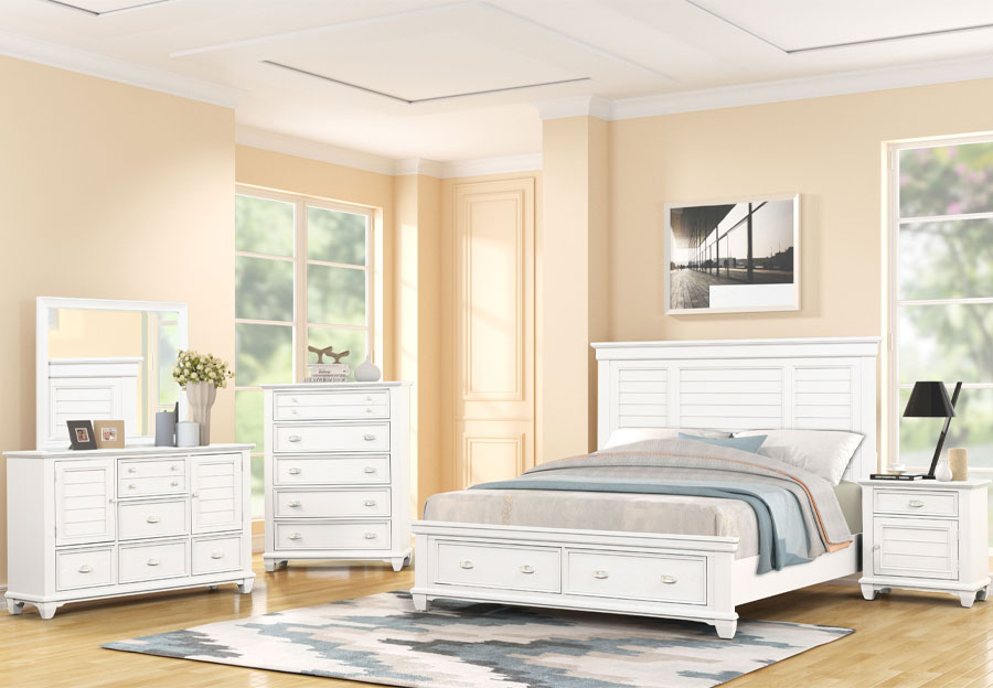 New Classic Jamestown White King Storage Bed, Dresser and Mirror