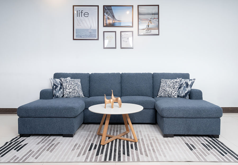 Fine Keaton Blue Three Piece Double Chaise Sleeper Sectional