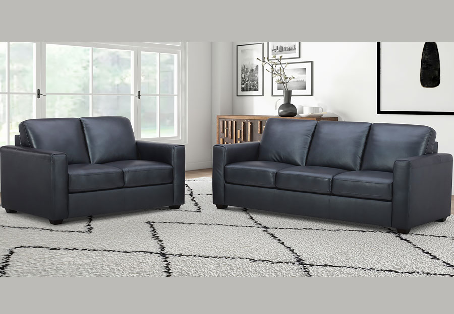 Kuka Aldon Navy Leather Sleeper Sofa with Innerspring Mattress and Loveseat