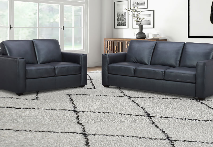 Kuka Aldon Navy Leather Sofa and Loveseat