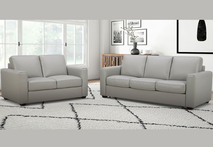 Kuka Aldon Light Grey Leather Sleeper Sofa with Memory Foam Mattress and Loveseat