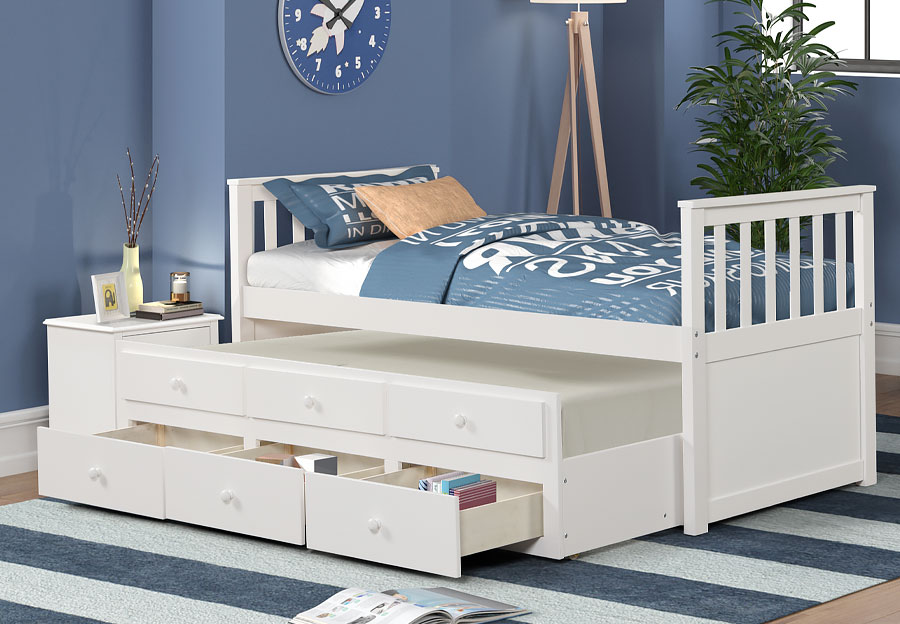 Lifestyles Ivy White Twin Captains Bed with Storage Trundle
