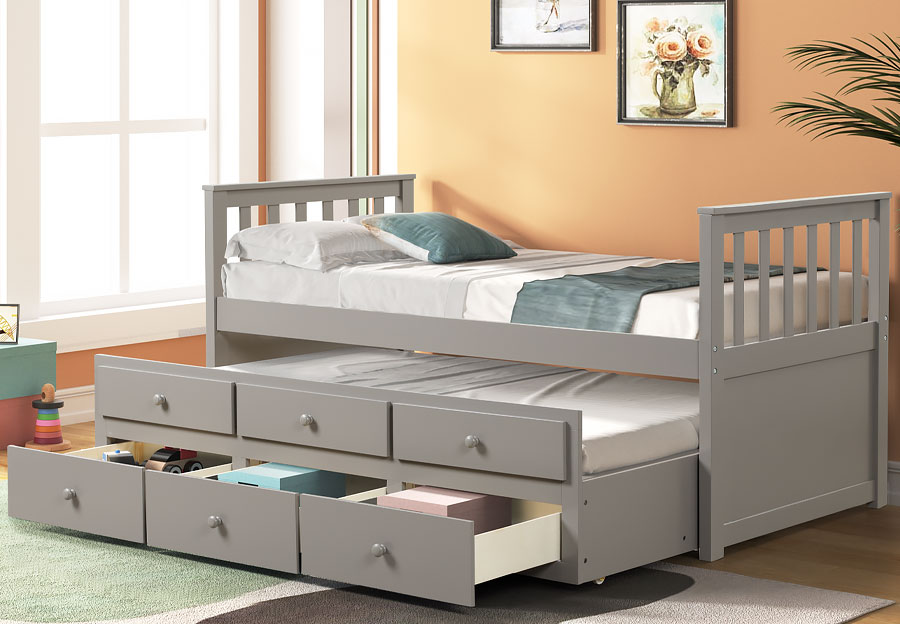 Lifestyles Ivy Grey Twin Captains Bed with Storage Trundle