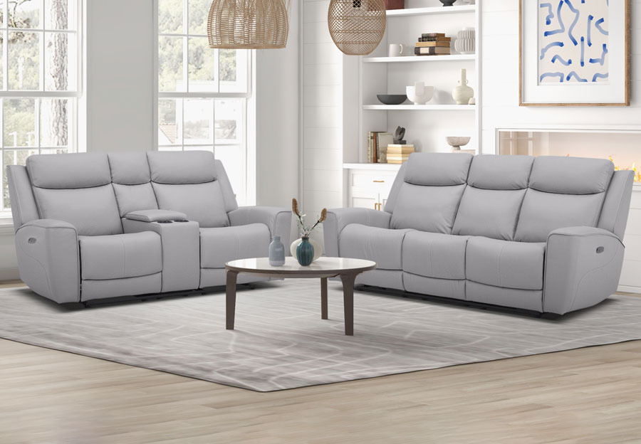 Kuka Tahoe Silver Dual Power Reclining Sofa and Reclining Console Loveseat