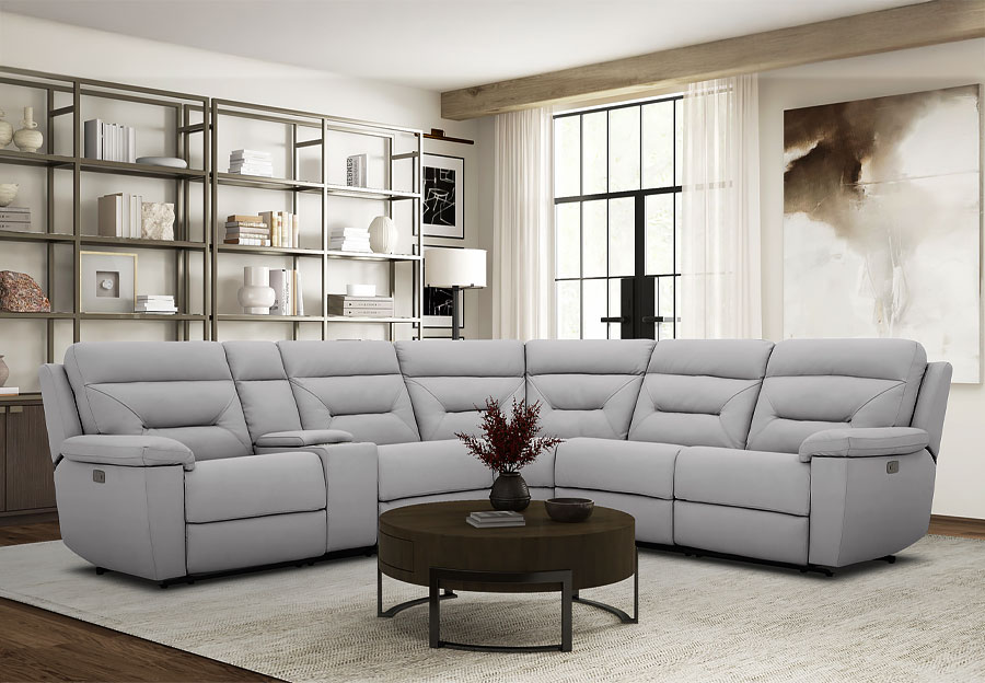 Kuka Grand Point Light Grey Leather Match Three Seat Dual Power Reclining Sectional