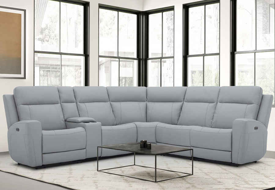 Kuka Brady Light Grey Leather Match Three Seat Dual Power Reclining Sectional with Storage Console
