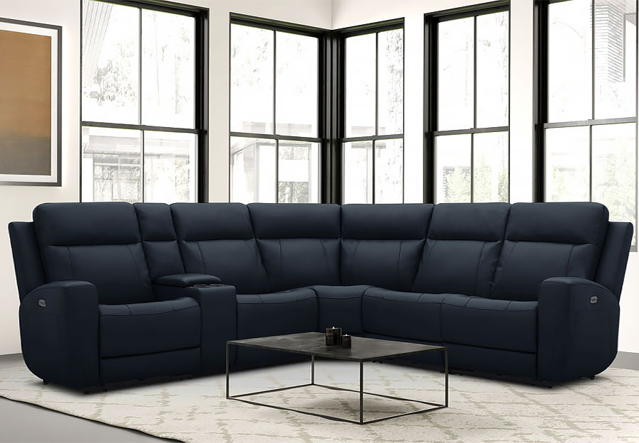 Kuka Brady Navy Leather Match Two Seat Dual Power Reclining Sectional with Storage Console