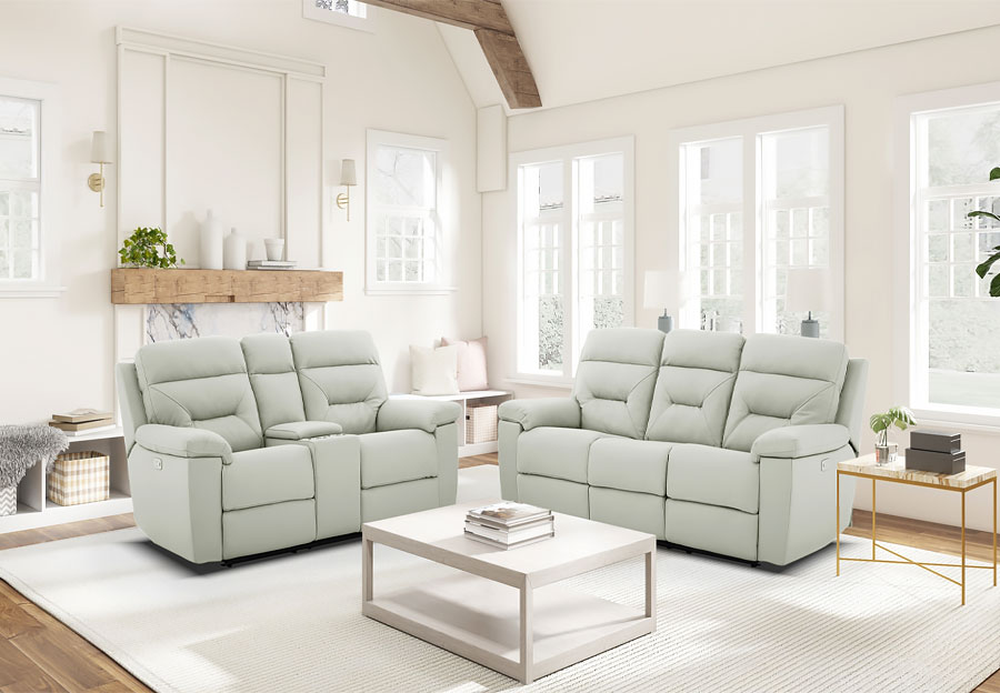 Kuka Grand Point Pearl Leather Match Manual Reclining Sofa and Reclining Console Loveseat