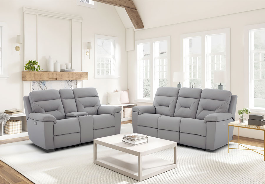 Kuka Grand Point Light Grey Leather Match Manual Reclining Sofa and Reclining Console Loveseat