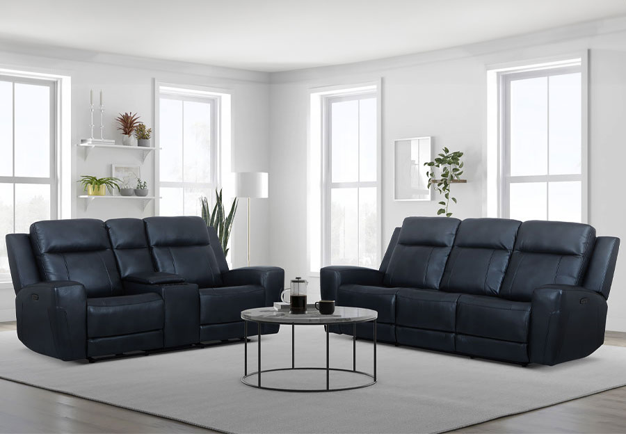 Kuka Brady Navy Leather Match Dual Power Reclining Sofa and Reclining Console Loveseat