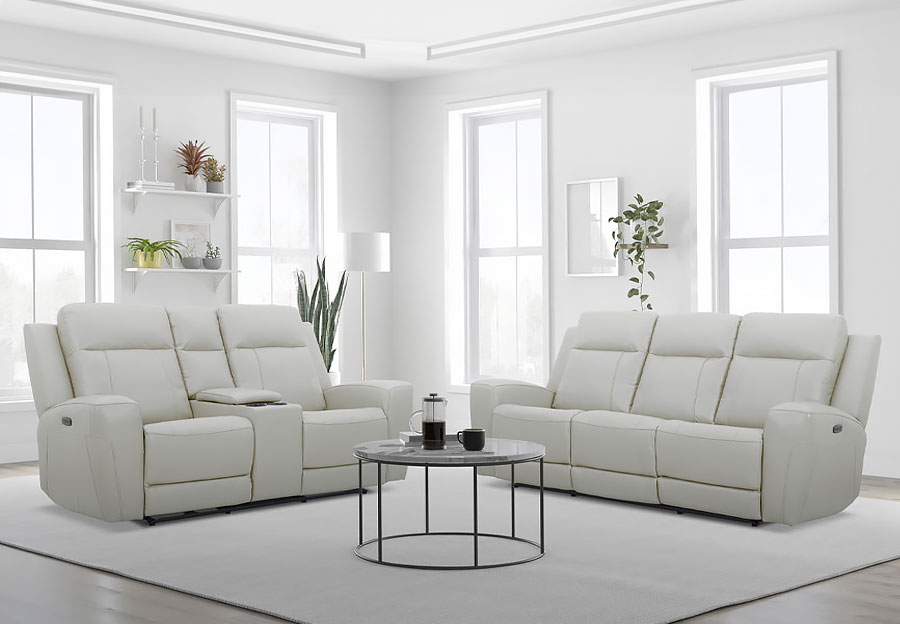 Kuka Brady Ivory Leather Match Dual Power Reclining Sofa and Reclining Console Loveseat