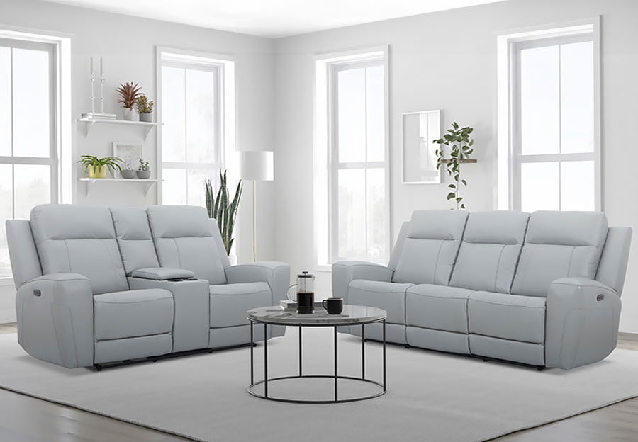 Kuka Brady Light Grey Leather Match Dual Power Reclining Sofa and Reclining Console Loveseat