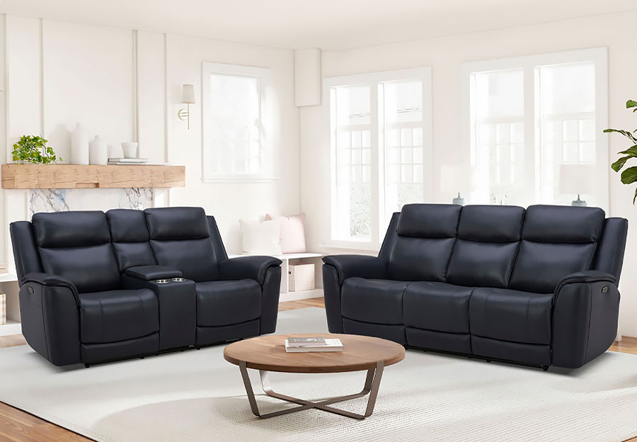 Kuka Largo Navy Leather Match Dual Power  Reclining Sofa and Reclining Console Loveseat