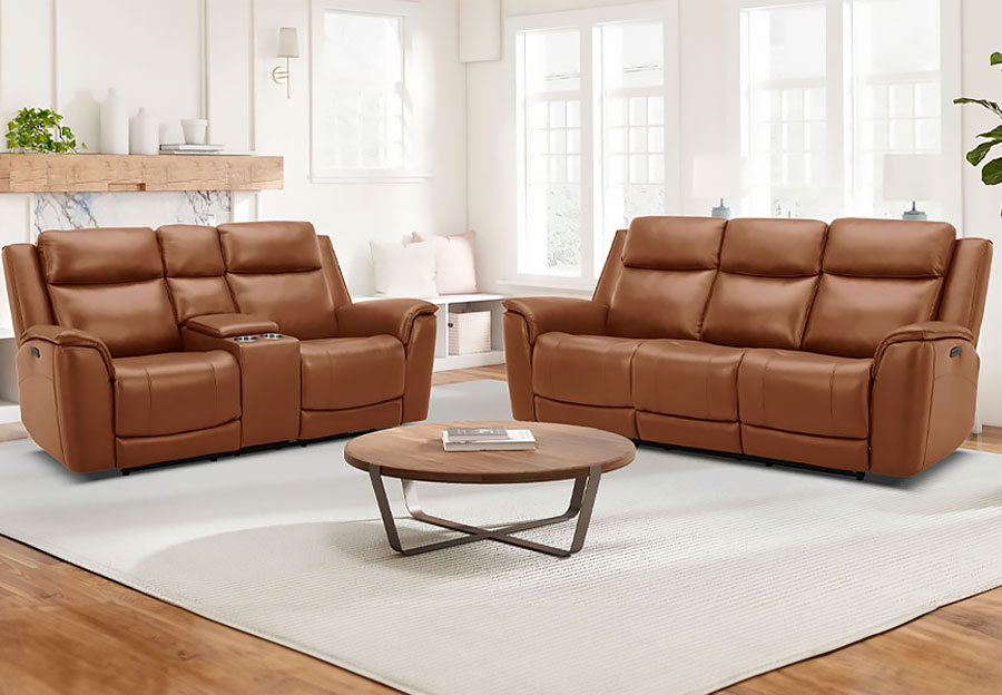 Kuka Largo Saddle Leather Match Manual Reclining Sofa and Reclining Console Loveseat