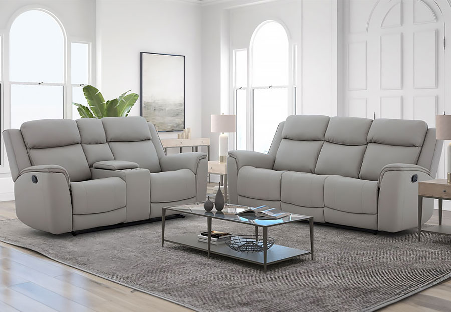 Kuka Largo Light Grey Leather Match Dual Power Reclining Sofa and Reclining Console Loveseat