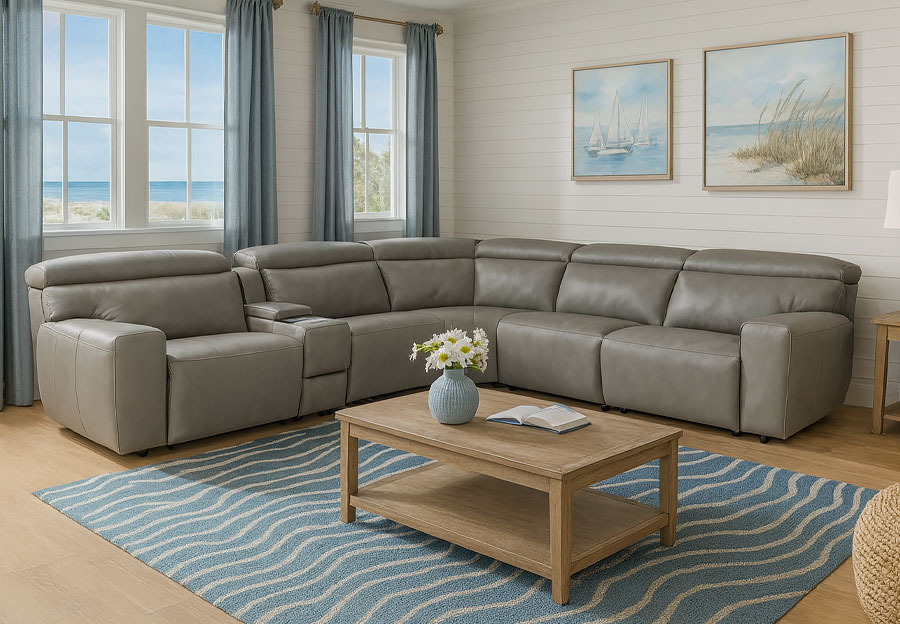 Cheers Nash Smoke Two Seat Dual Power Reclining Leather Match Sectional with Storage Console