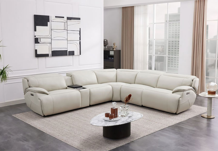 Cheers Regis Beige Two Seat Dual Power Reclining Leather Match Sectional with Built-in Fridge Console