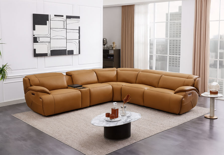 Cheers Regis Camel Two Seat Dual Power Reclining Leather Match Sectional with Built-in Fridge Console