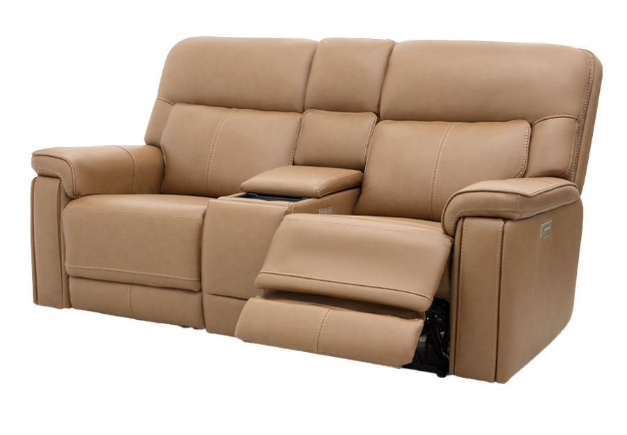 Moto Motion Zenith Butternut Leather Match Triple Power Reclining Console Loveseat with Immersive Sound