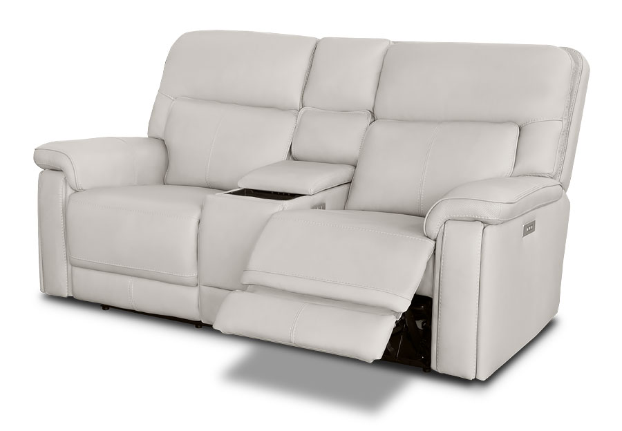 Moto Motion Zenith Beige Leather Match Triple Power Reclining Console Loveseat with Immersive Sound