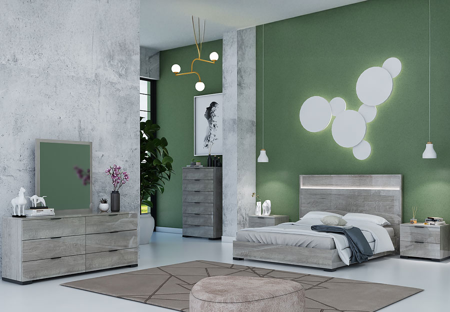 NCA Design Monaco Glossy Grey Queen Bed, Dresser and Mirror