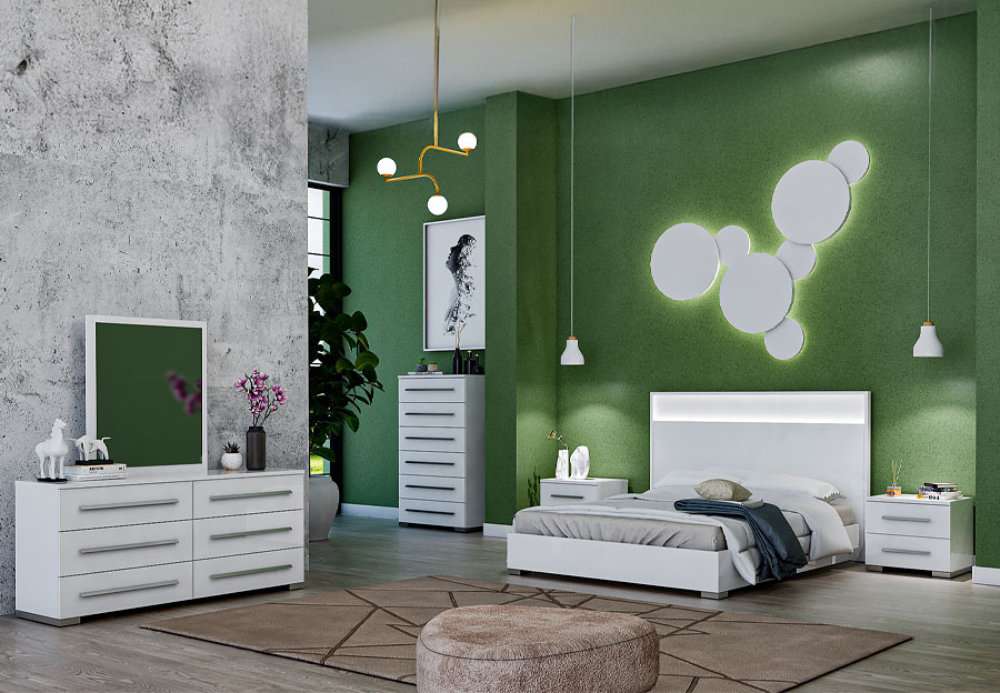 NCA Design Monaco Glossy White King Bed, Dresser and Mirror