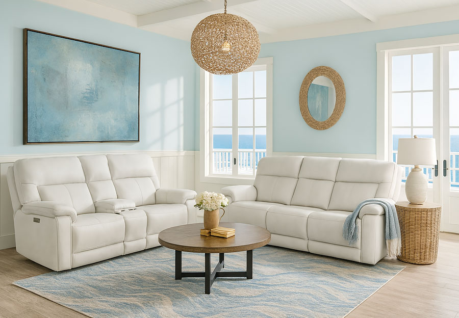 Moto Motion Zenith Beige Leather Match Triple Power Reclining Sofa and Console Loveseat with Immersive Sound