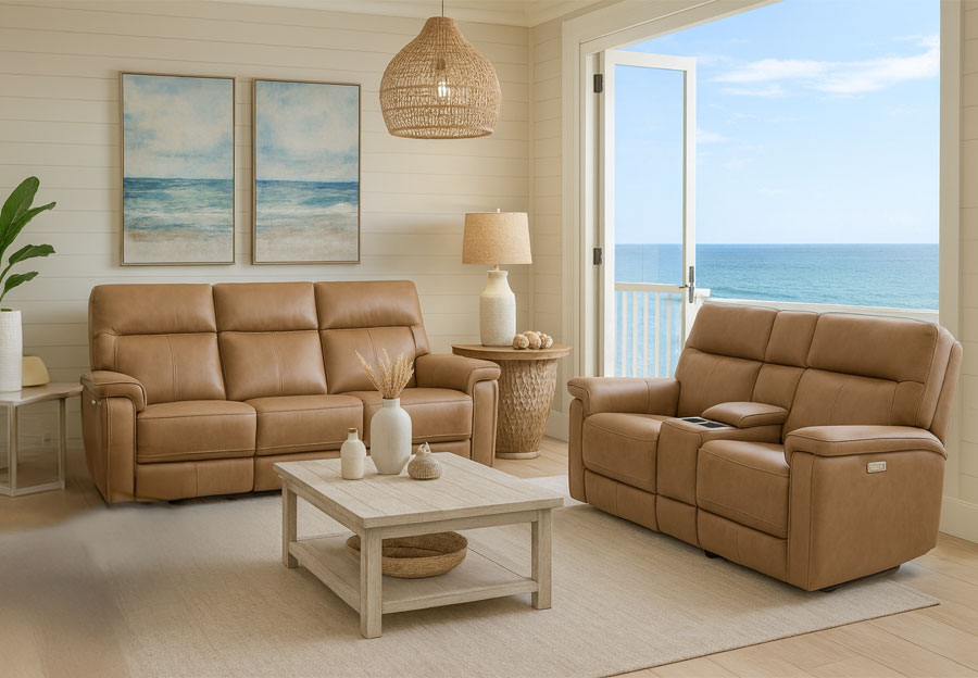 Moto Motion Zenith Butternut Leather Match Triple Power Reclining Sofa and Console Loveseat with Immersive Sound