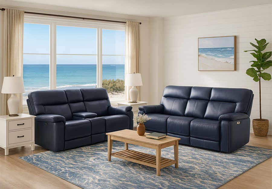 Moto Motion Zenith Ocean Leather Match Triple Power Reclining Sofa and Console Loveseat with Immersive Sound