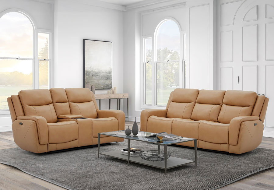 Kuka Zenith Sand Leather Match Dual Power Reclining Sofa and Console Loveseat with Immersive Sound