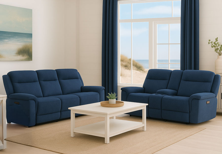 Vogue Baywood Cobalt Manual Reclining Sofa and Reclining Console Loveseat