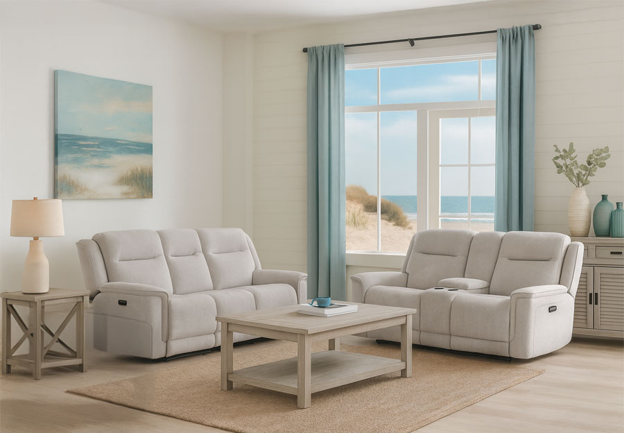 Vogue Baywood Cement Dual Power Reclining Sofa and Reclining Console Loveseat