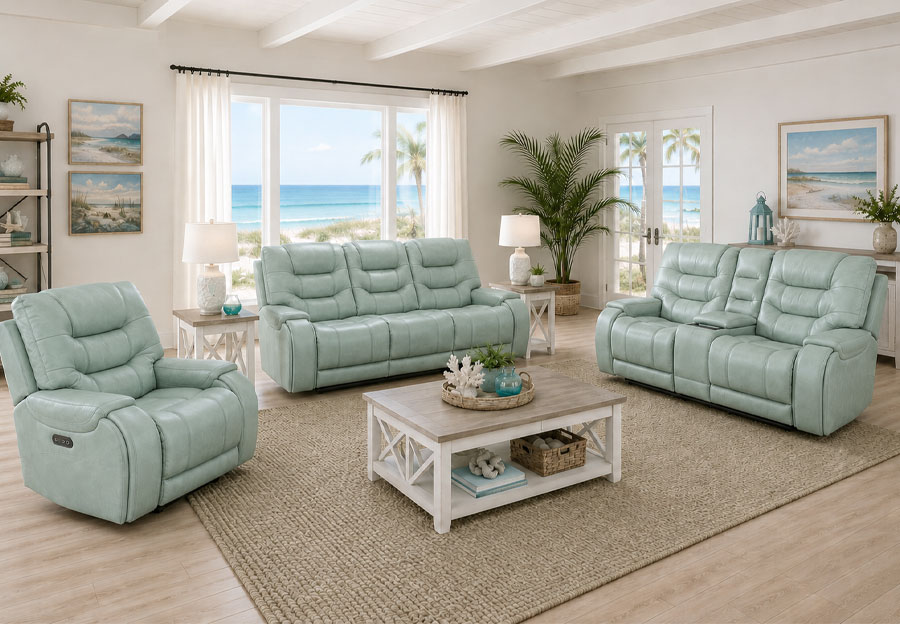 Lifestyles Cayman Aqua Leather Match Dual Power Reclining Sofa and Console Loveseat