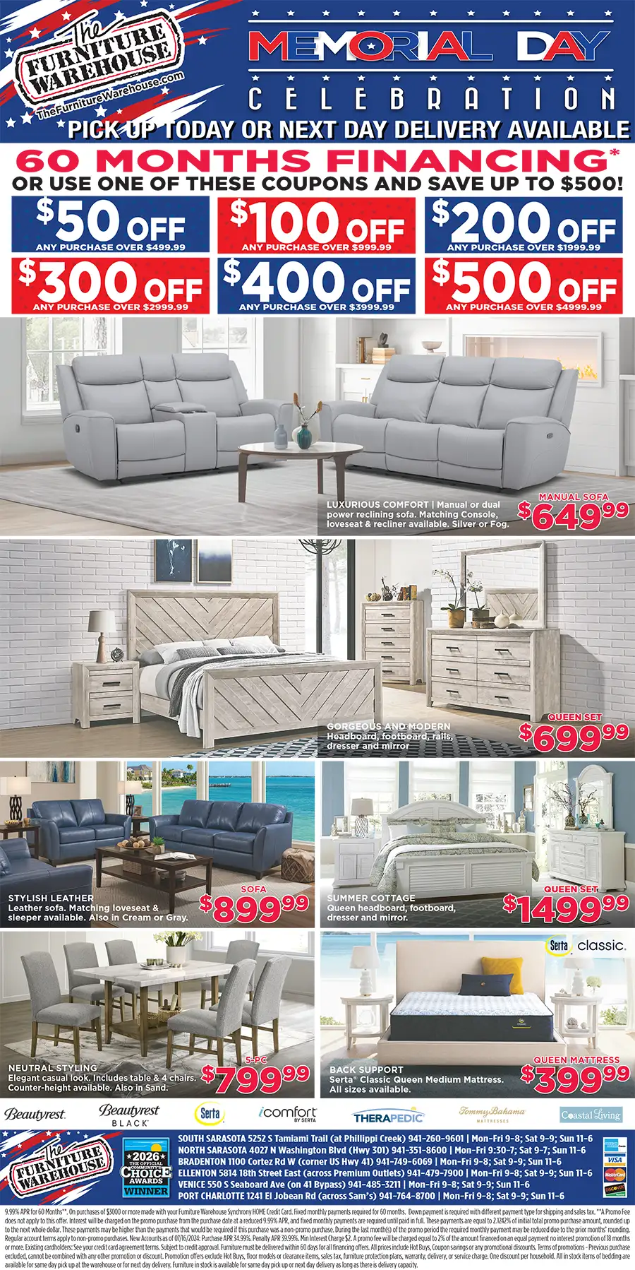 Memorial Day Celebration Sale! Save on Living Rooms, Bedrooms, Dining Rooms and More!