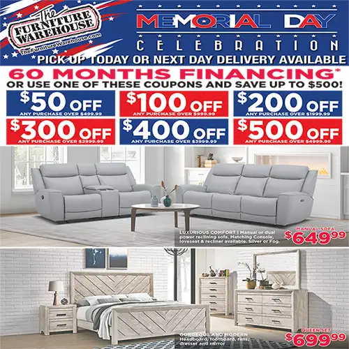 Memorial Day Celebration Sale! Save on Living Rooms, Bedrooms, Dining Rooms and More!